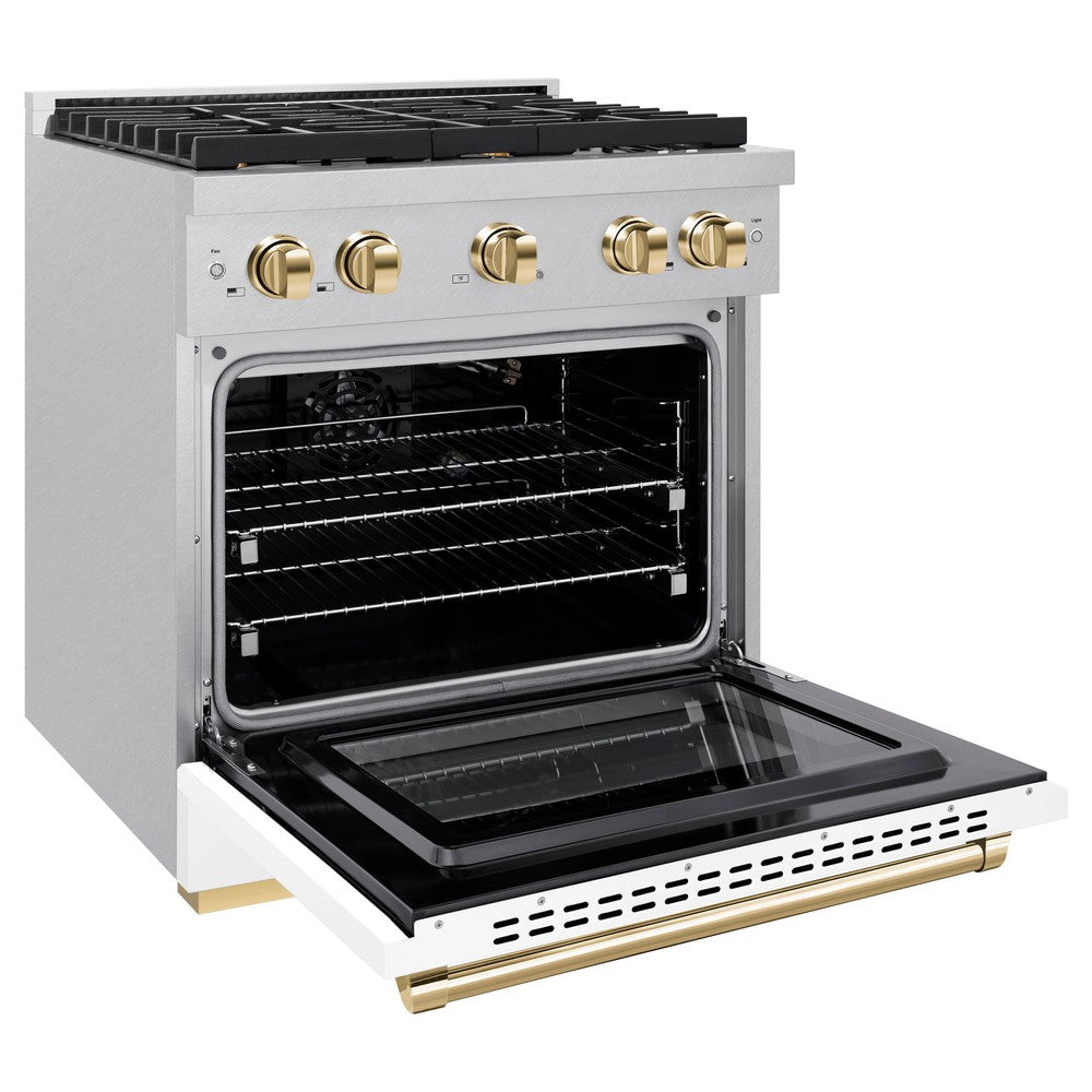 Autograph Edition 30 In. 4.2 Cu. Ft. 4 Burner Paramount Gas Range With Convection Gas Oven In Satin Stainless Steel With White Matte Door And Polished Gold Accents SGRSZWM30G