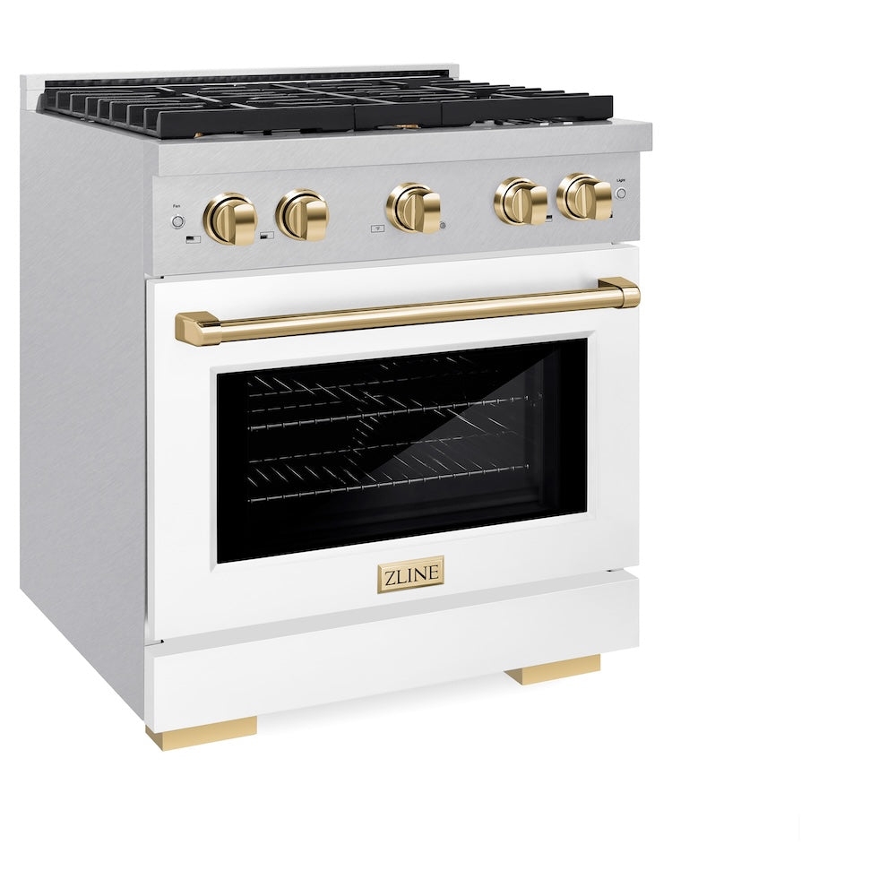 Autograph Edition 30 In. 4.2 Cu. Ft. 4 Burner Paramount Gas Range With Convection Gas Oven In Satin Stainless Steel With White Matte Door And Polished Gold Accents SGRSZWM30G