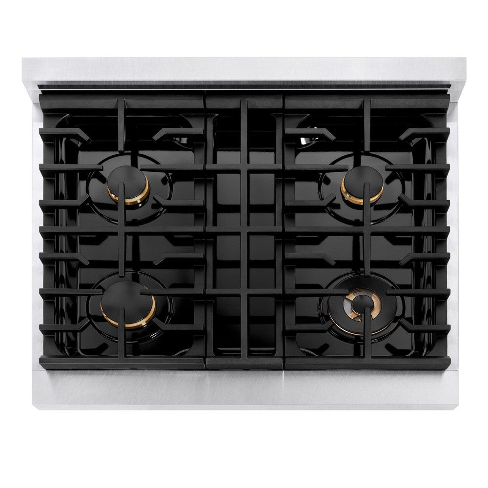 Autograph Edition 30 In. 4.2 Cu. Ft. 4 Burner Paramount Gas Range With Convection Gas Oven In Satin Stainless Steel With White Matte Door And Polished Gold Accents SGRSZWM30G