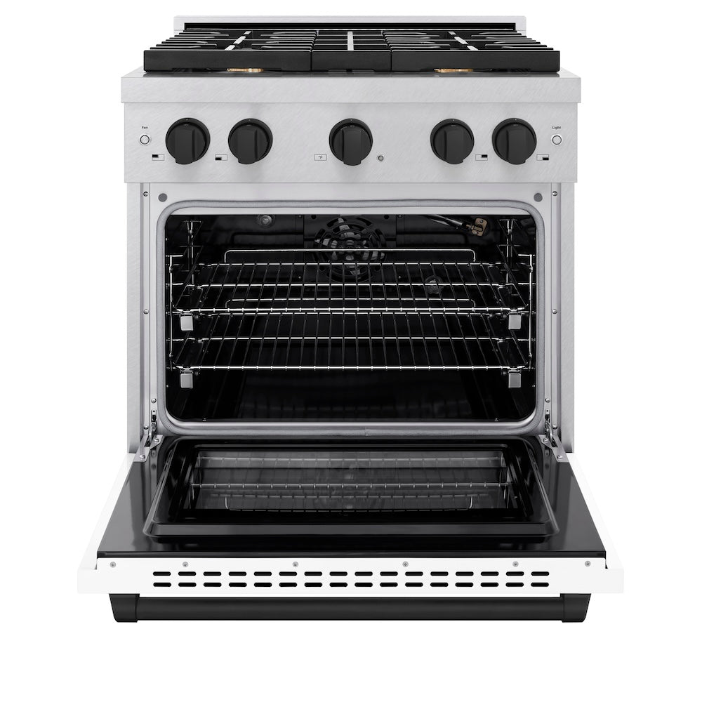 Autograph Edition 30 In. 4.2 Cu. Ft. Paramount Gas Range With 4 Burner Cooktop And Convection Gas Oven In Satin Stainless Steel With White Matte Door And Matte Black Accents SGRSZWM30MB