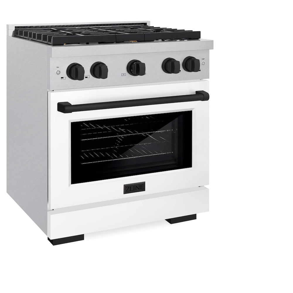Autograph Edition 30 In. 4.2 Cu. Ft. Paramount Gas Range With 4 Burner Cooktop And Convection Gas Oven In Satin Stainless Steel With White Matte Door And Matte Black Accents SGRSZWM30MB