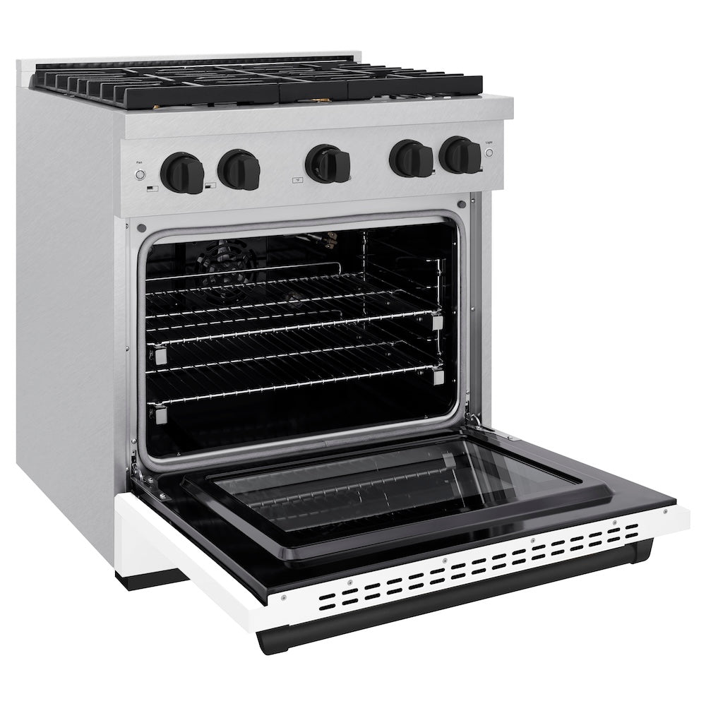 Autograph Edition 30 In. 4.2 Cu. Ft. Paramount Gas Range With 4 Burner Cooktop And Convection Gas Oven In Satin Stainless Steel With White Matte Door And Matte Black Accents SGRSZWM30MB