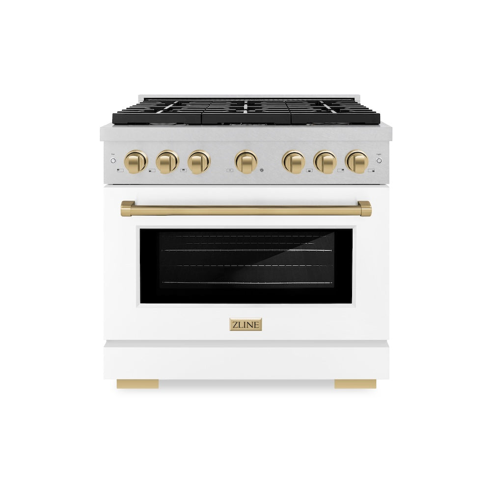 Autograph Edition 36 In. 5.2 Cu. Ft. Paramount Gas Range With 6 Burner Cooktop And Convection Gas Oven In Satin Stainless Steel With White Matte Door And Champagne Bronze Accents SGRSZWM36CB