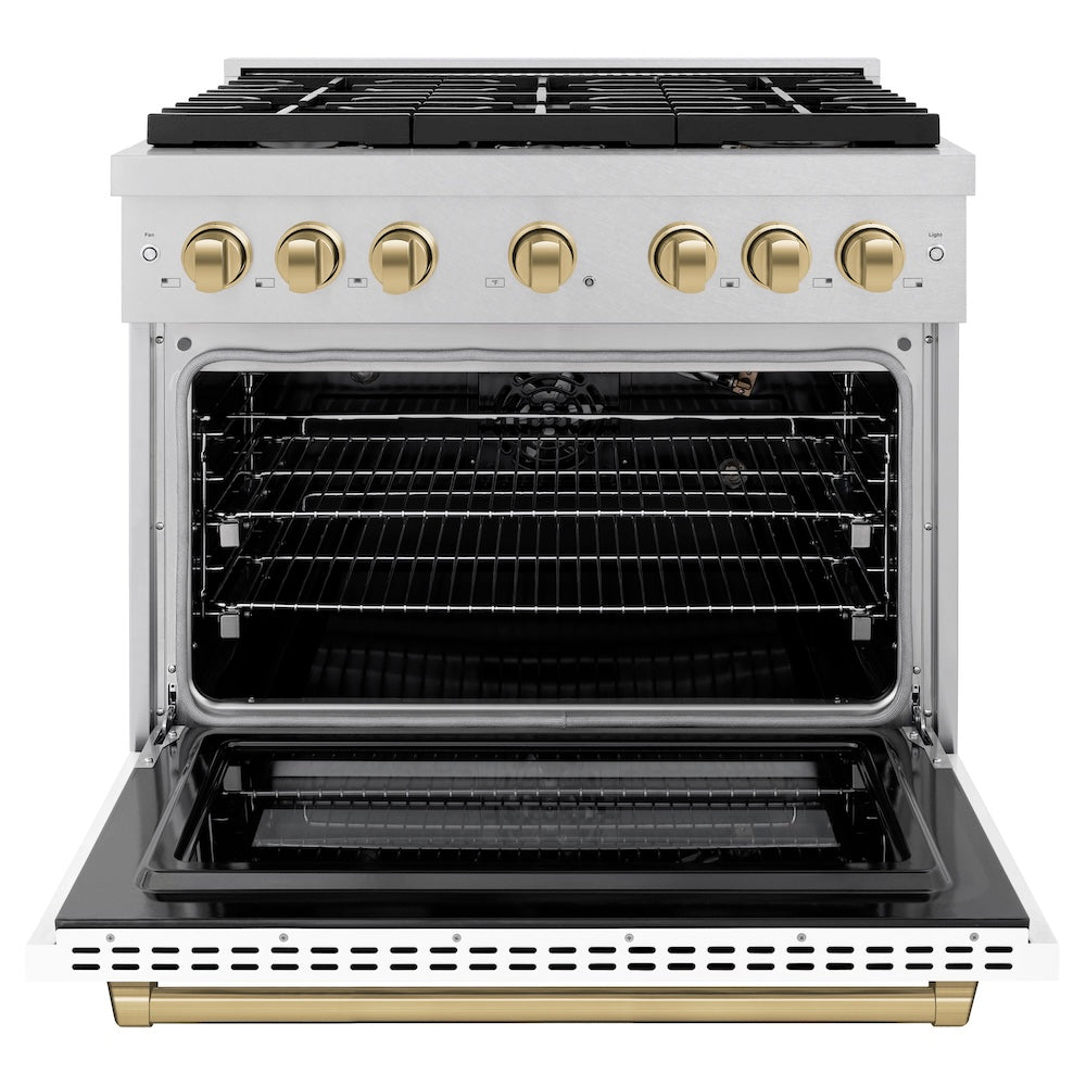 Autograph Edition 36 In. 5.2 Cu. Ft. Paramount Gas Range With 6 Burner Cooktop And Convection Gas Oven In Satin Stainless Steel With White Matte Door And Champagne Bronze Accents SGRSZWM36CB