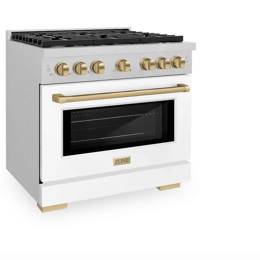 Autograph Edition 36 In. 5.2 Cu. Ft. Paramount Gas Range With 6 Burner Cooktop And Convection Gas Oven In Satin Stainless Steel With White Matte Door And Champagne Bronze Accents SGRSZWM36CB