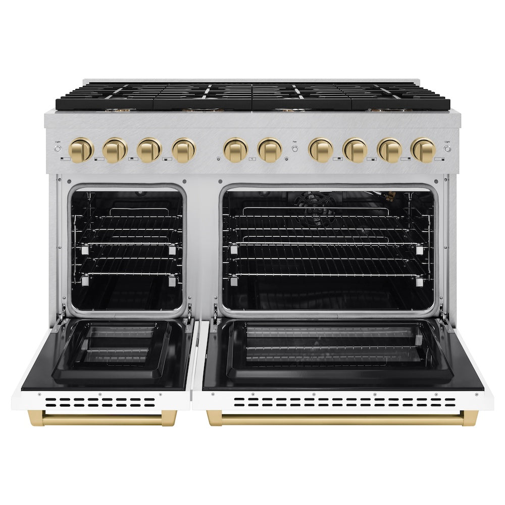 Autograph Edition 48 In. 6.7 Cu. Ft. Paramount Double Oven Gas Range With 8 Burner Cooktop In Satin Stainless Steel With White Matte Doors And Champagne Bronze Accents SGRSZWM48CB
