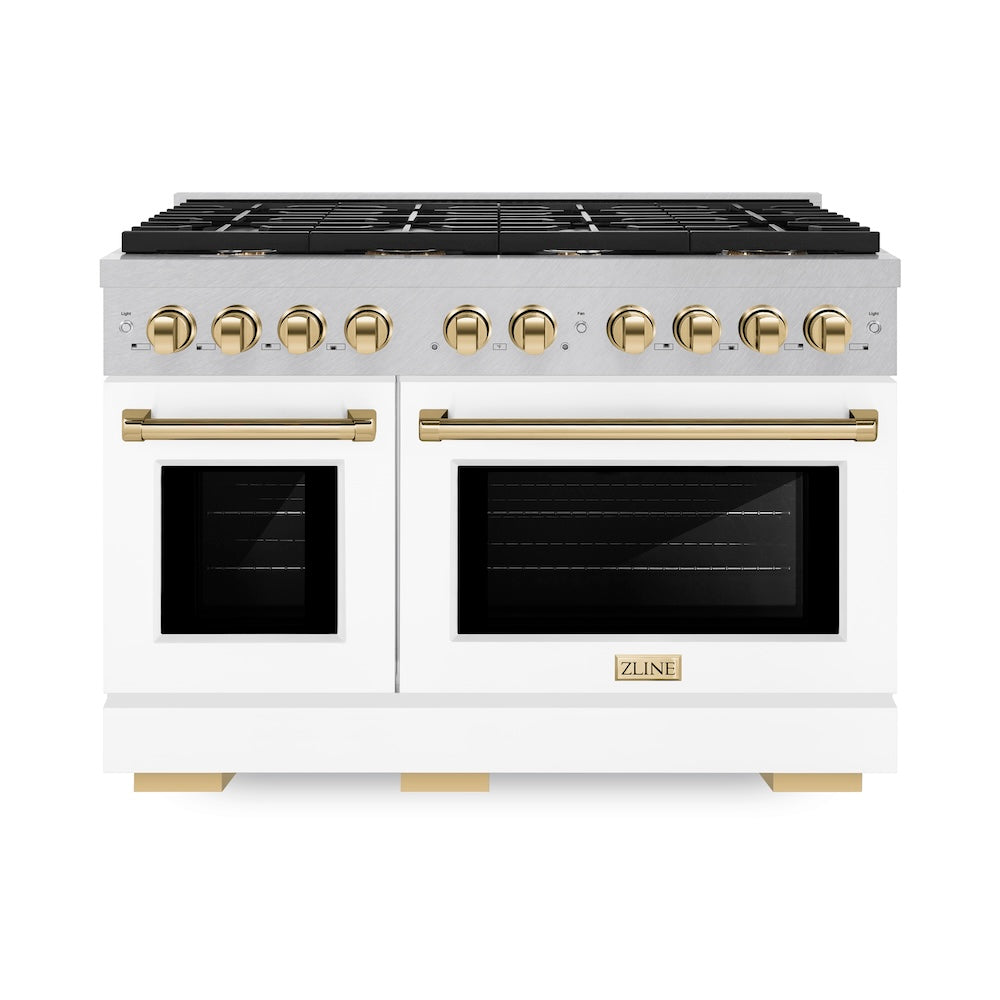 Autograph Edition 48 In. 6.7 Cu. Ft. Paramount Double Oven Gas Range With 8 Burner Cooktop In Satin Stainless Steel With White Matte Doors And Polished Gold Accents SGRSZWM48G