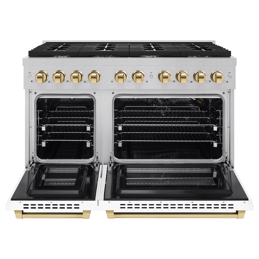 Autograph Edition 48 In. 6.7 Cu. Ft. Paramount Double Oven Gas Range With 8 Burner Cooktop In Satin Stainless Steel With White Matte Doors And Polished Gold Accents SGRSZWM48G