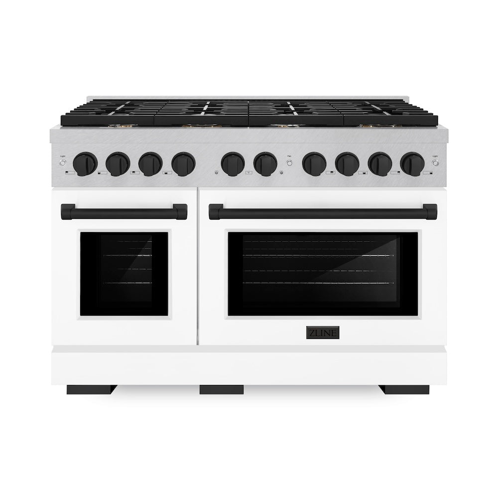 Autograph Edition 48 In. 6.7 Cu. Ft. Paramount Double Oven Gas Range With 8 Burner Cooktop In Satin Stainless Steel With White Matte Doors And Matte Black Accents SGRSZWM48MB