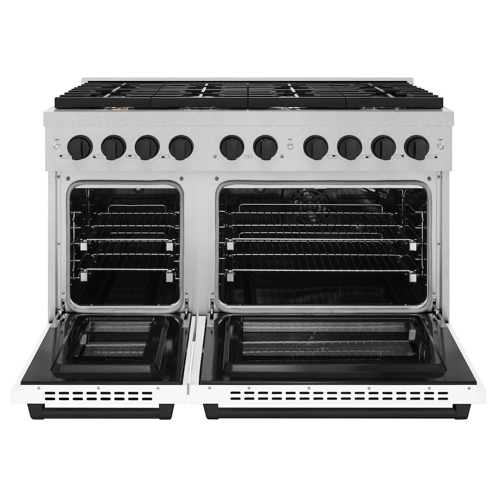 Autograph Edition 48 In. 6.7 Cu. Ft. Paramount Double Oven Gas Range With 8 Burner Cooktop In Satin Stainless Steel With White Matte Doors And Matte Black Accents SGRSZWM48MB