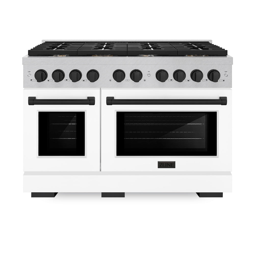 Autograph Edition 48 In. 6.7 Cu. Ft. Paramount Double Oven Gas Range With 8 Burner Cooktop In Satin Stainless Steel With White Matte Doors And Matte Black Accents SGRSZWM48MB