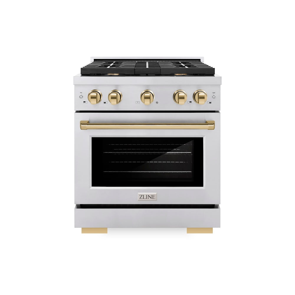 Autograph Edition 30 In. 4.2 Cu. Ft. Paramount Gas Range With 4 Burner Cooktop And Convection Gas Oven In Stainless Steel And Polished Gold Accents SGRZ30G