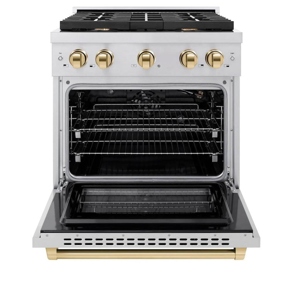 Autograph Edition 30 In. 4.2 Cu. Ft. Paramount Gas Range With 4 Burner Cooktop And Convection Gas Oven In Stainless Steel And Polished Gold Accents SGRZ30G