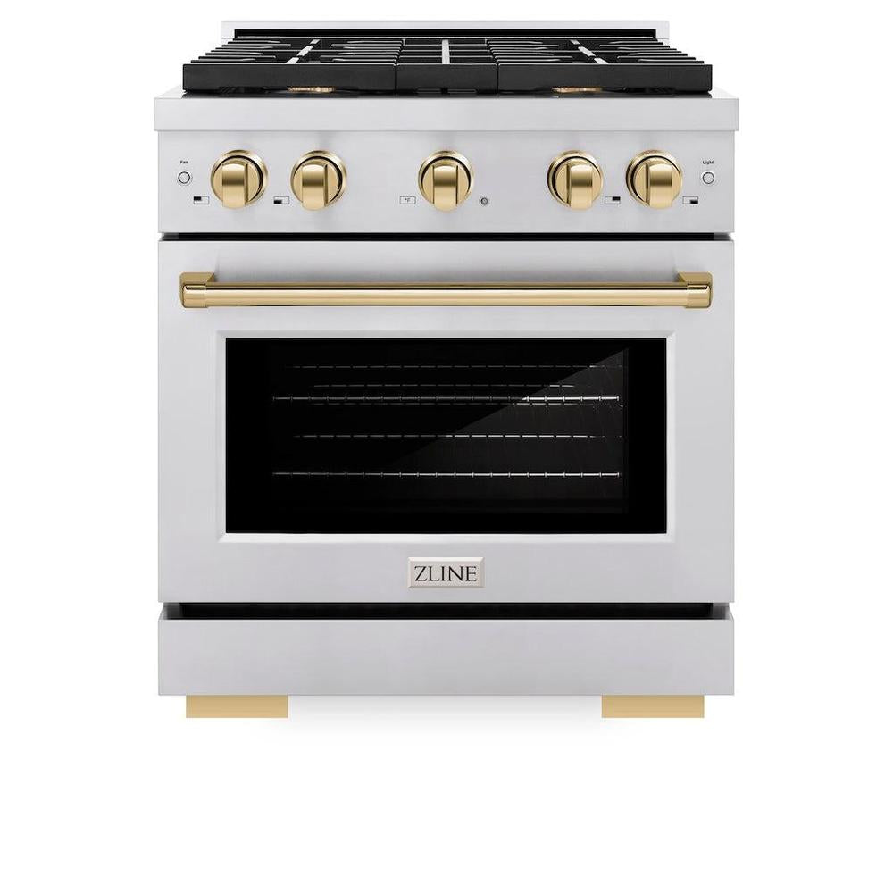 Autograph Edition 30 In. 4.2 Cu. Ft. Paramount Gas Range With 4 Burner Cooktop And Convection Gas Oven In Stainless Steel And Polished Gold Accents SGRZ30G