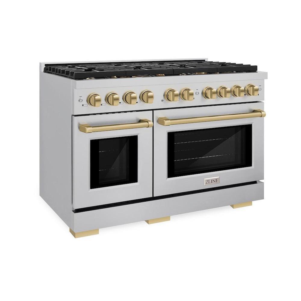Autograph Edition 48 In. 6.7 Cu. Ft. Paramount Double Oven Gas Range With 8 Burner Cooktop In Stainless Steel And Champagne Bronze Accents SGRZ48CB