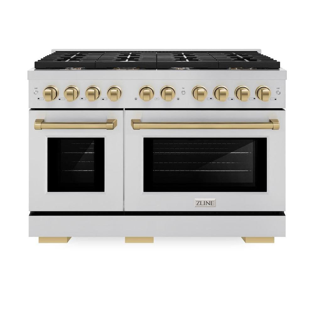 Autograph Edition 48 In. 6.7 Cu. Ft. Paramount Double Oven Gas Range With 8 Burner Cooktop In Stainless Steel And Champagne Bronze Accents SGRZ48CB