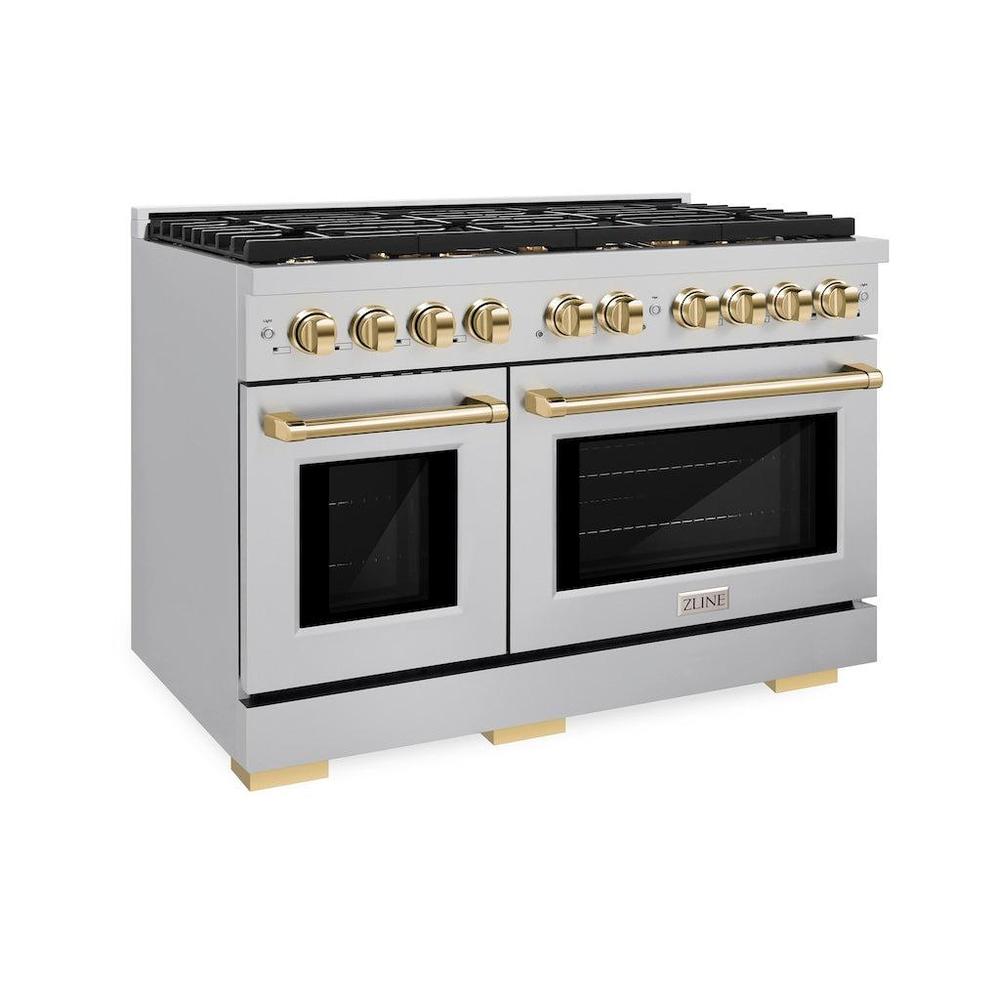 Autograph Edition 48 In. 6.7 Cu. Ft. Paramount Double Oven Gas Range With 8 Burner Cooktop In Stainless Steel And Polished Gold Accents SGRZ48G