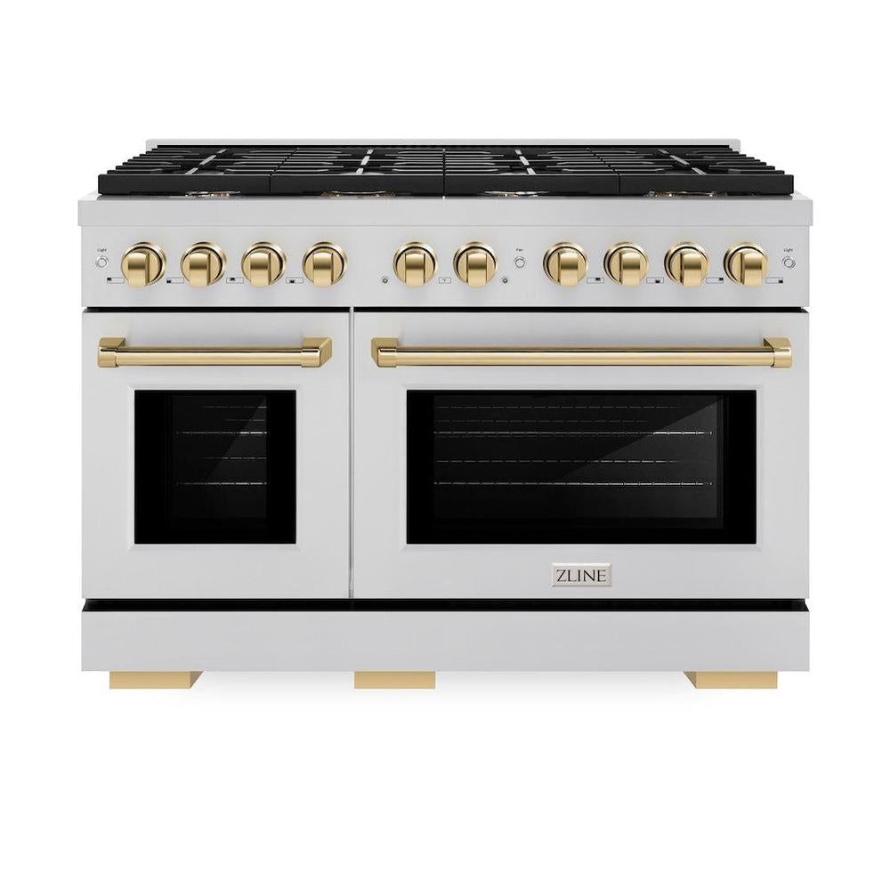 Autograph Edition 48 In. 6.7 Cu. Ft. Paramount Double Oven Gas Range With 8 Burner Cooktop In Stainless Steel And Polished Gold Accents SGRZ48G