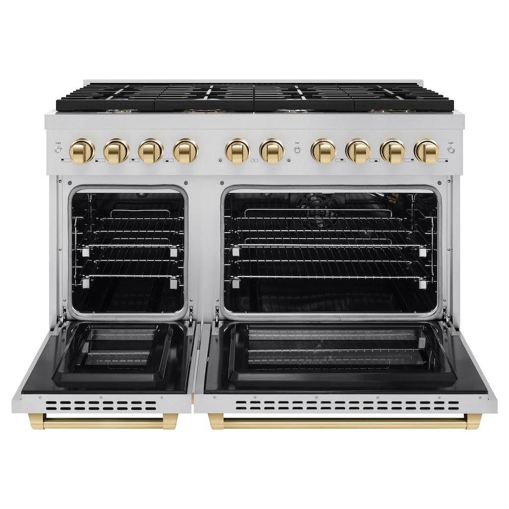 Autograph Edition 48 In. 6.7 Cu. Ft. Paramount Double Oven Gas Range With 8 Burner Cooktop In Stainless Steel And Polished Gold Accents SGRZ48G