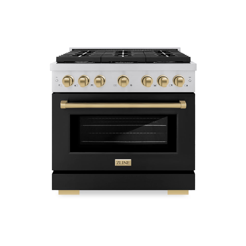 Autograph Edition 36 In. 5.2 Cu. Ft. Paramount Gas Range With 6 Burner Cooktop And Convection Gas Oven In Stainless Steel With Black Matte Door And Champagne Bronze Accents SGRZBLM36CB