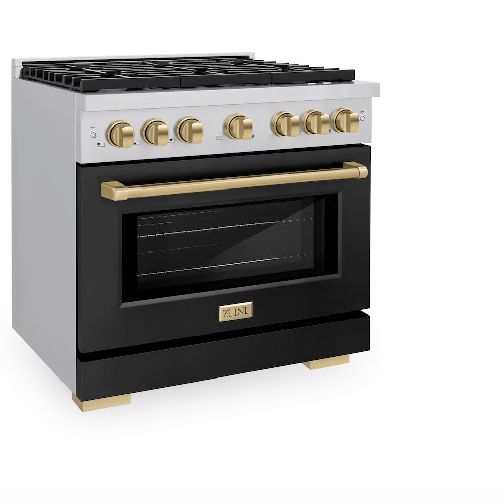 Autograph Edition 36 In. 5.2 Cu. Ft. Paramount Gas Range With 6 Burner Cooktop And Convection Gas Oven In Stainless Steel With Black Matte Door And Champagne Bronze Accents SGRZBLM36CB