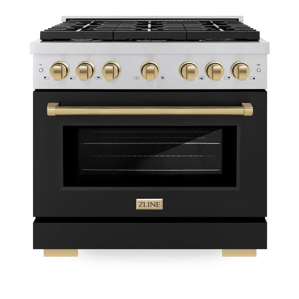 Autograph Edition 36 In. 5.2 Cu. Ft. Paramount Gas Range With 6 Burner Cooktop And Convection Gas Oven In Stainless Steel With Black Matte Door And Champagne Bronze Accents SGRZBLM36CB