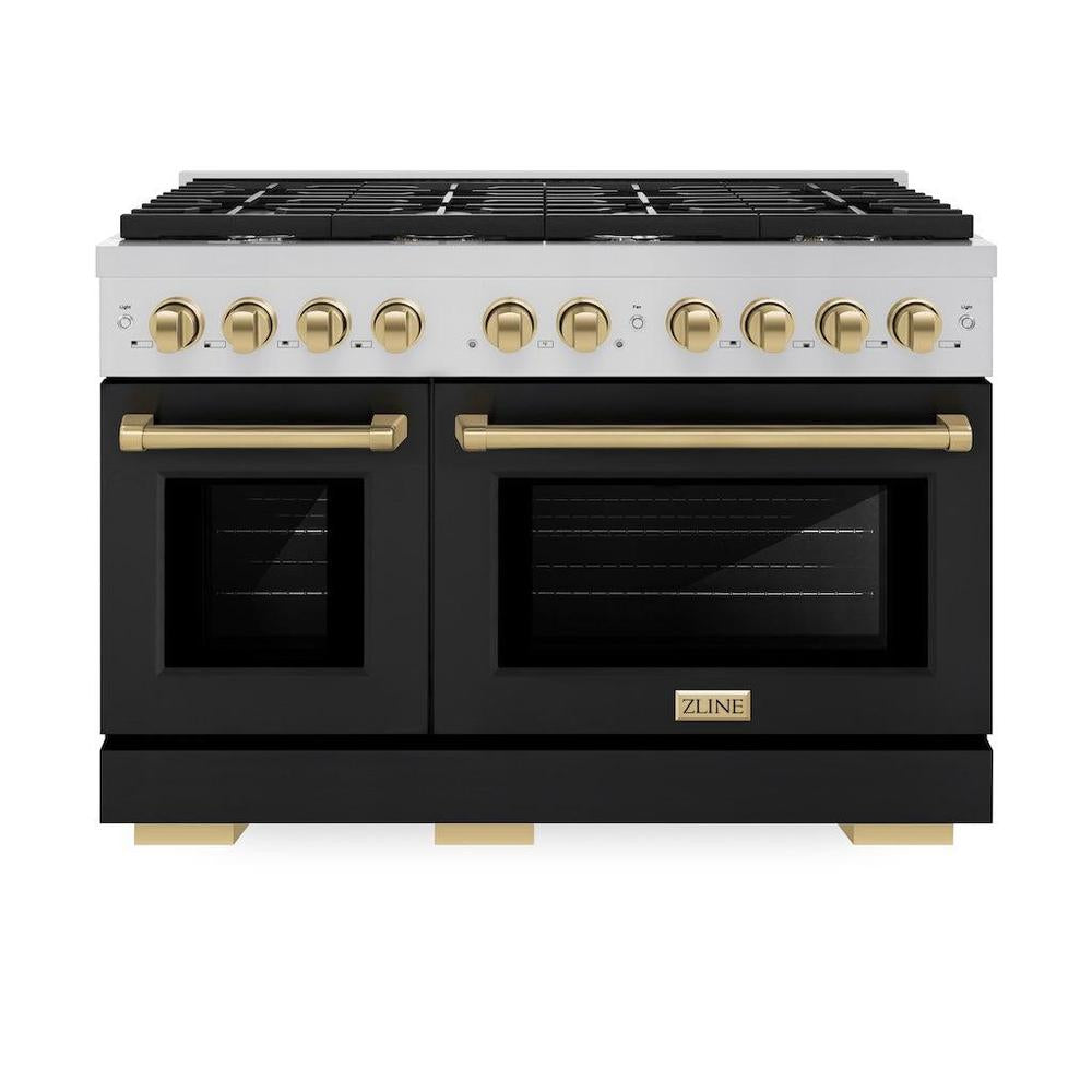 Autograph Edition 48 In. 6.7 Cu. Ft. Paramount Double Oven Gas Range With 8 Burner Cooktop In Stainless Steel With Black Matte Doors And Champagne Bronze Accents SGRZBLM48CB