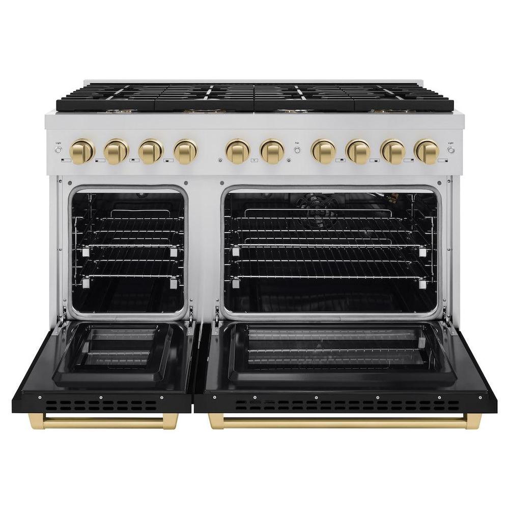 Autograph Edition 48 In. 6.7 Cu. Ft. Paramount Double Oven Gas Range With 8 Burner Cooktop In Stainless Steel With Black Matte Doors And Champagne Bronze Accents SGRZBLM48CB