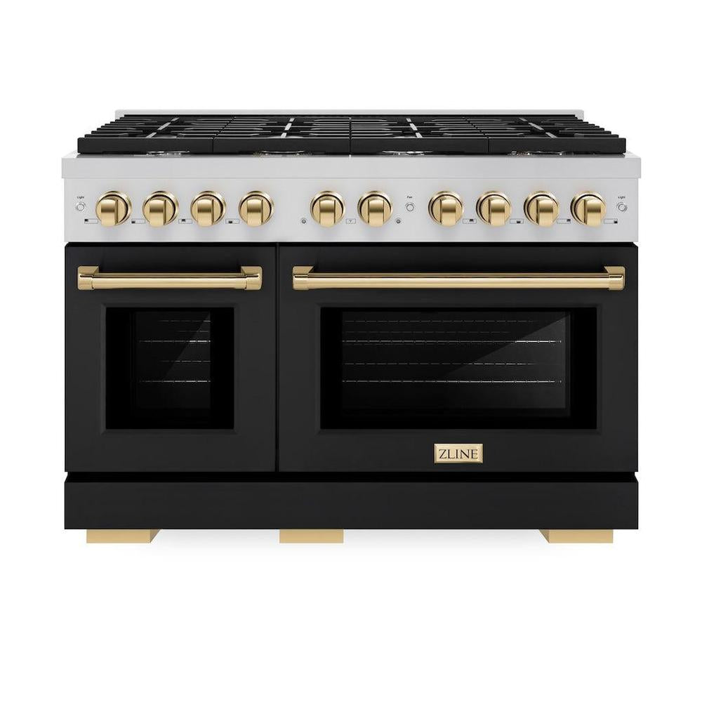 Autograph Edition 48 In. 6.7 Cu. Ft. Paramount Double Oven Gas Range With 8 Burner Cooktop In Stainless Steel With Black Matte Doors And Polished Gold Accents SGRZBLM48G