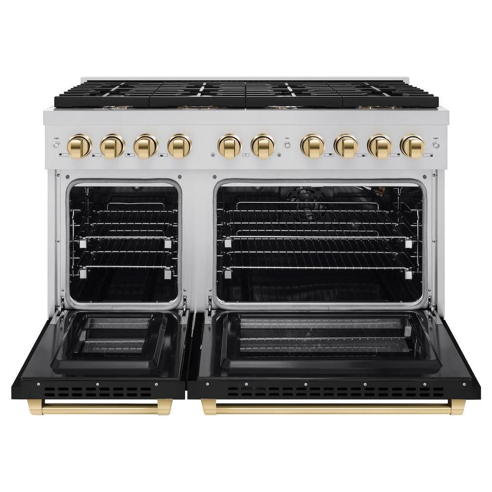 Autograph Edition 48 In. 6.7 Cu. Ft. Paramount Double Oven Gas Range With 8 Burner Cooktop In Stainless Steel With Black Matte Doors And Polished Gold Accents SGRZBLM48G