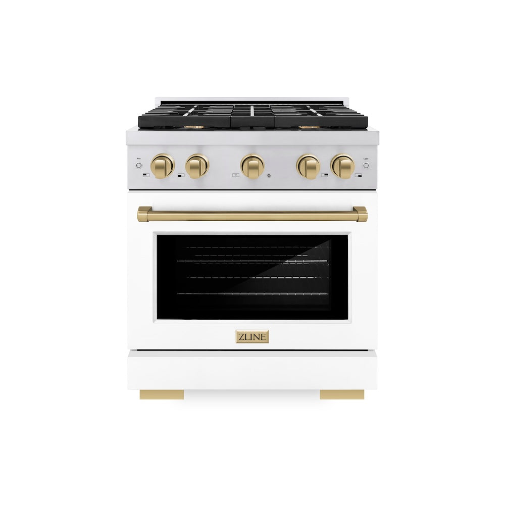 Autograph Edition 30 In. 4.2 Cu. Ft. Paramount Gas Range With 4 Burner Cooktop And Convection Gas Oven In Stainless Steel With White Matte Door And Champagne Bronze Accents SGRZWM30CB