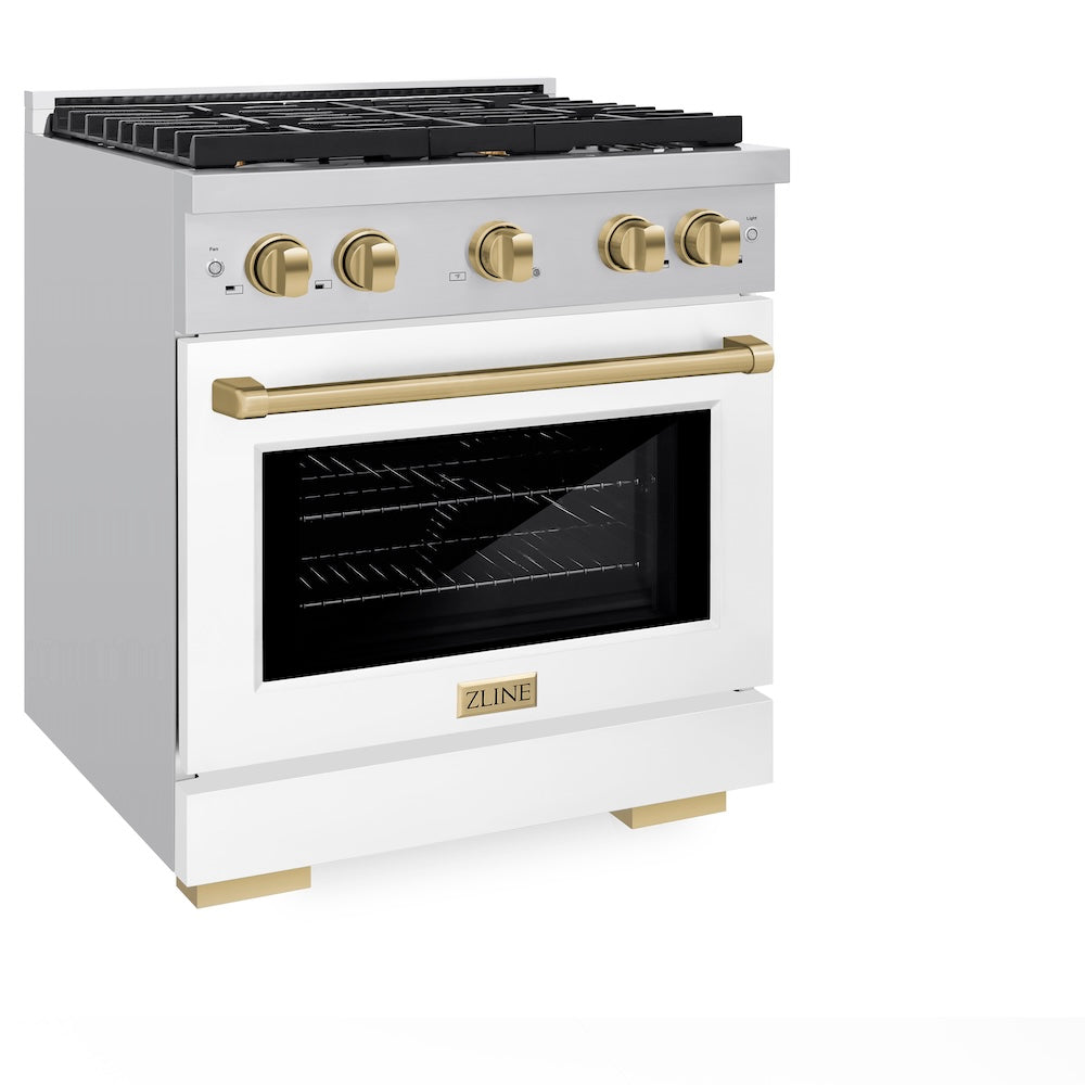 Autograph Edition 30 In. 4.2 Cu. Ft. Paramount Gas Range With 4 Burner Cooktop And Convection Gas Oven In Stainless Steel With White Matte Door And Champagne Bronze Accents SGRZWM30CB