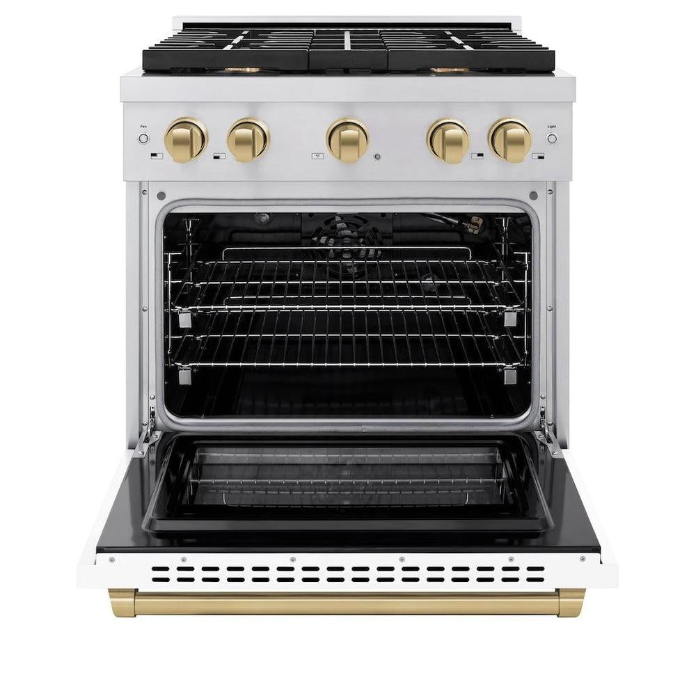 Autograph Edition 30 In. 4.2 Cu. Ft. Paramount Gas Range With 4 Burner Cooktop And Convection Gas Oven In Stainless Steel With White Matte Door And Champagne Bronze Accents SGRZWM30CB