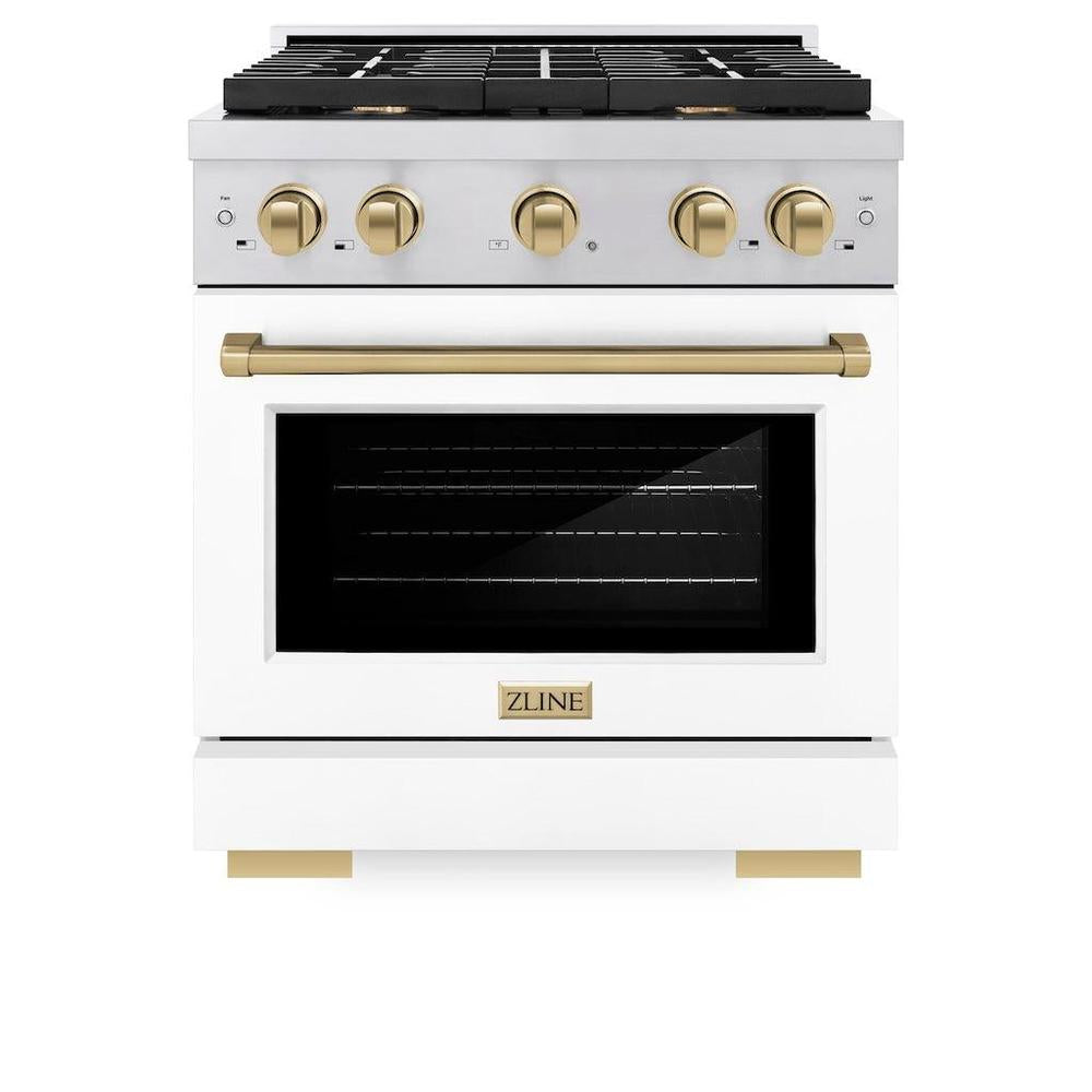 Autograph Edition 30 In. 4.2 Cu. Ft. Paramount Gas Range With 4 Burner Cooktop And Convection Gas Oven In Stainless Steel With White Matte Door And Champagne Bronze Accents SGRZWM30CB