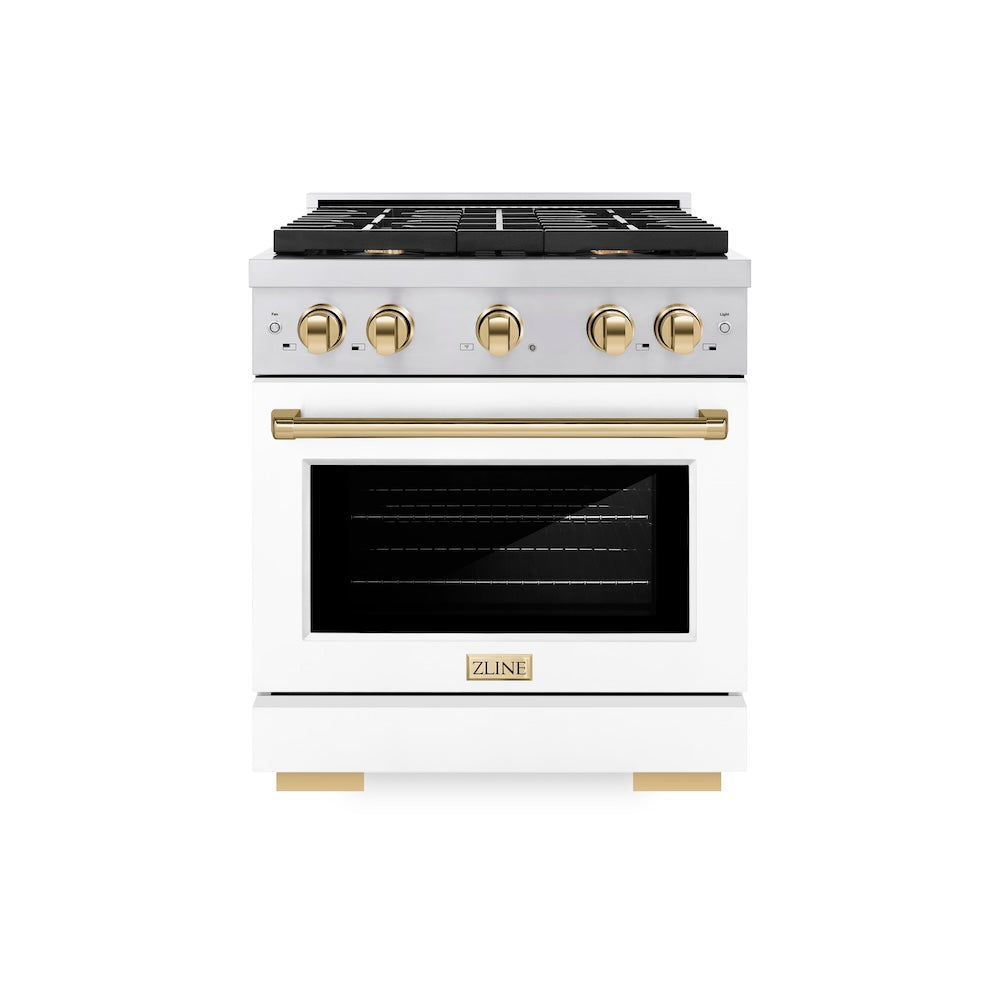 Autograph Edition 30 In. 4.2 Cu. Ft. Paramount Gas Range With 4 Burner Cooktop And Convection Gas Oven In Stainless Steel With White Matte Door And Polished Gold Accents SGRZWM30G