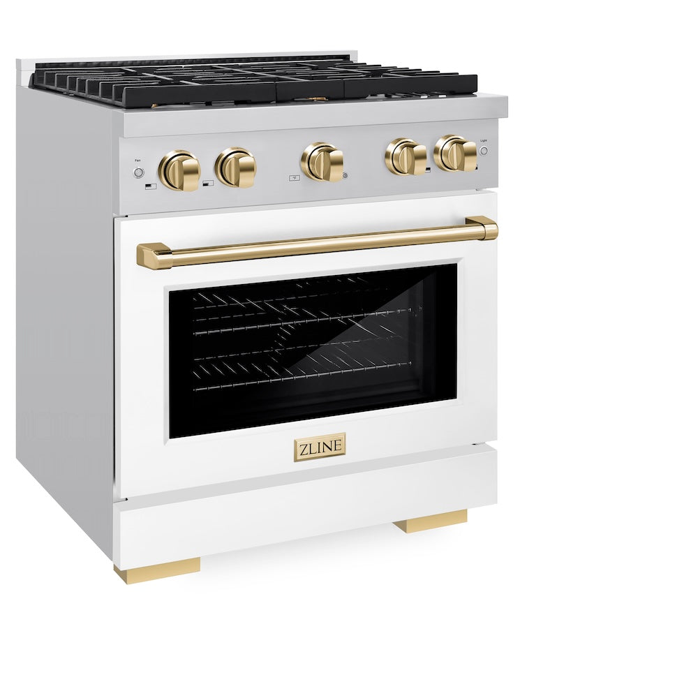 Autograph Edition 30 In. 4.2 Cu. Ft. Paramount Gas Range With 4 Burner Cooktop And Convection Gas Oven In Stainless Steel With White Matte Door And Polished Gold Accents SGRZWM30G