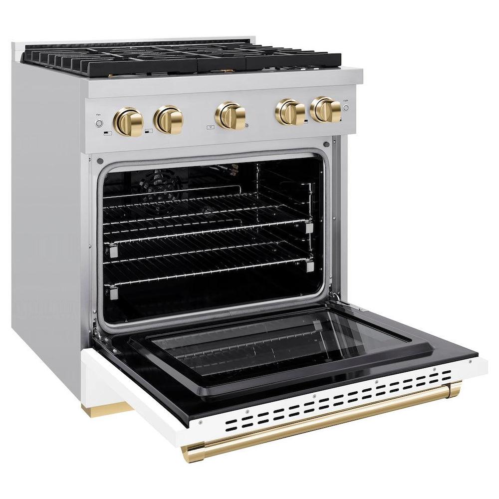 Autograph Edition 30 In. 4.2 Cu. Ft. Paramount Gas Range With 4 Burner Cooktop And Convection Gas Oven In Stainless Steel With White Matte Door And Polished Gold Accents SGRZWM30G