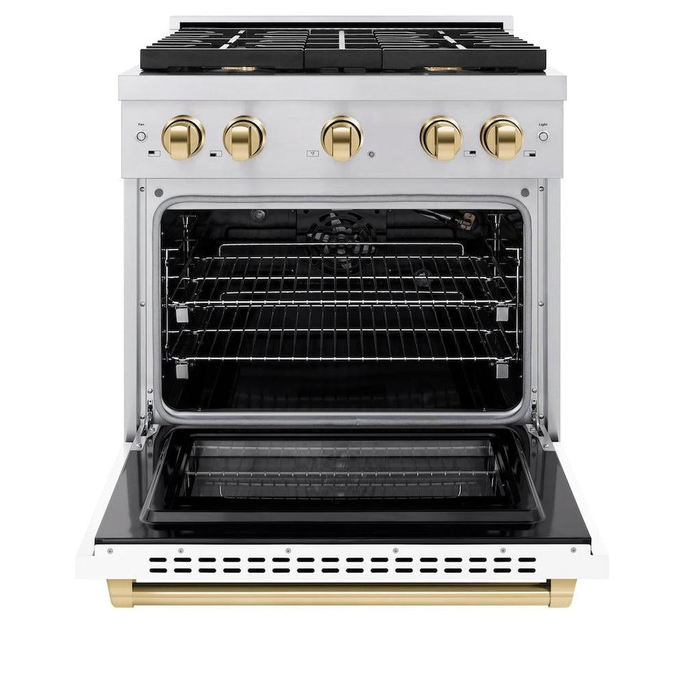 Autograph Edition 30 In. 4.2 Cu. Ft. Paramount Gas Range With 4 Burner Cooktop And Convection Gas Oven In Stainless Steel With White Matte Door And Polished Gold Accents SGRZWM30G