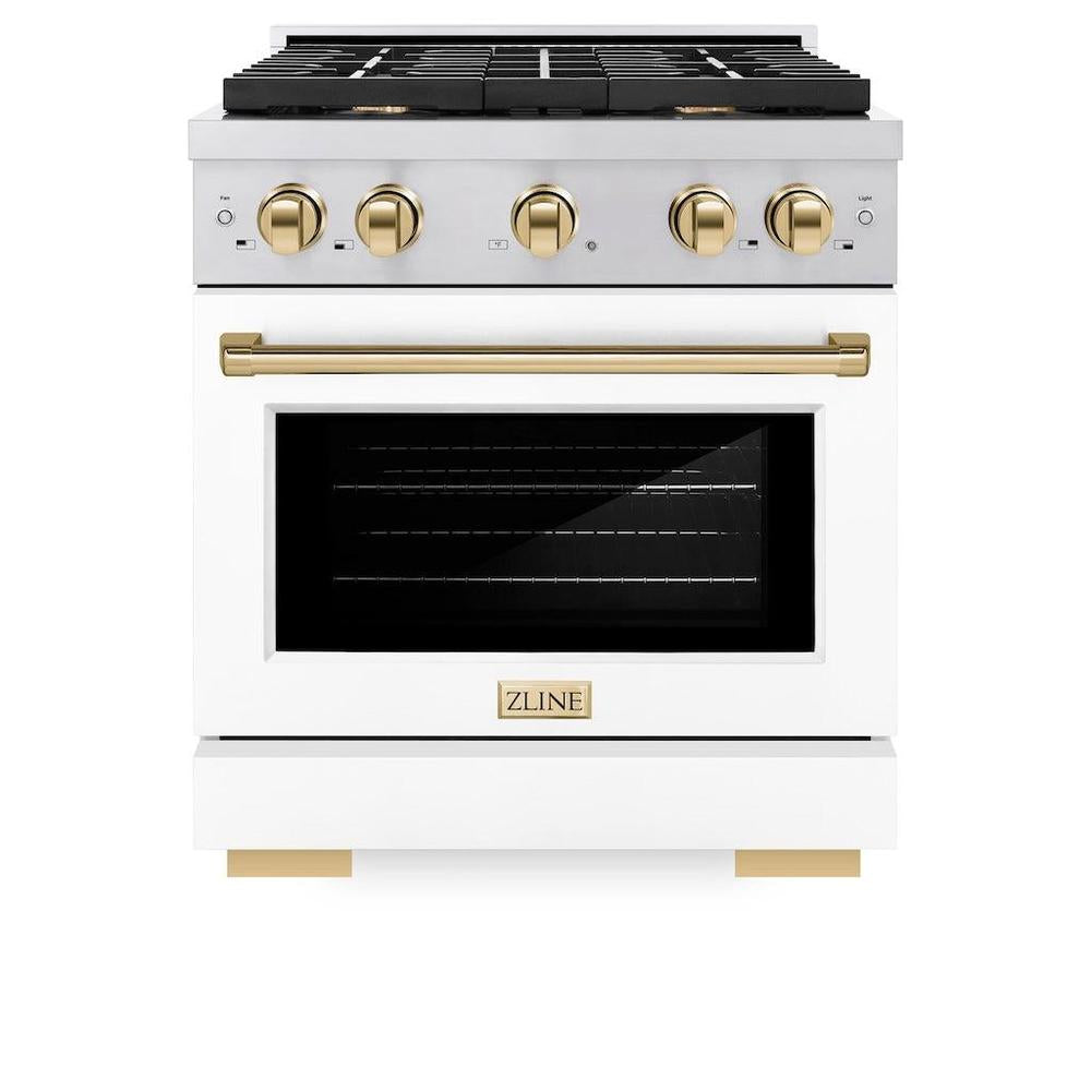Autograph Edition 30 In. 4.2 Cu. Ft. Paramount Gas Range With 4 Burner Cooktop And Convection Gas Oven In Stainless Steel With White Matte Door And Polished Gold Accents SGRZWM30G