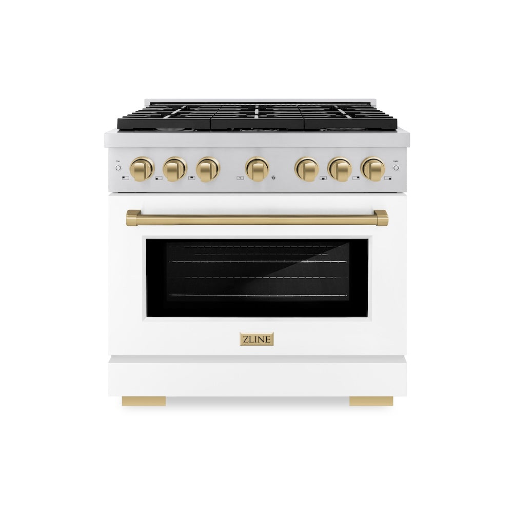 Autograph Edition 36 In. 5.2 Cu. Ft. Paramount Gas Range With 6 Burner Cooktop And Convection Gas Oven In Stainless Steel With White Matte Door And Champagne Bronze Accents SGRZWM36CB