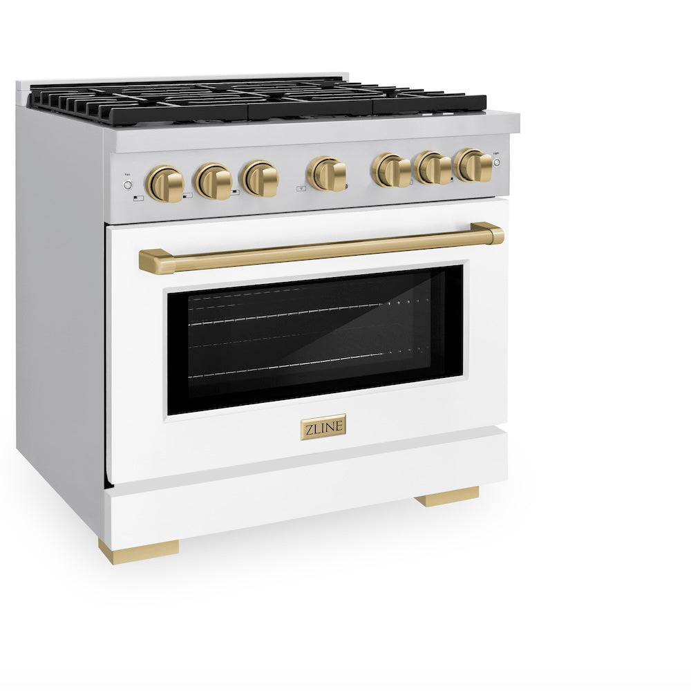 Autograph Edition 36 In. 5.2 Cu. Ft. Paramount Gas Range With 6 Burner Cooktop And Convection Gas Oven In Stainless Steel With White Matte Door And Champagne Bronze Accents SGRZWM36CB