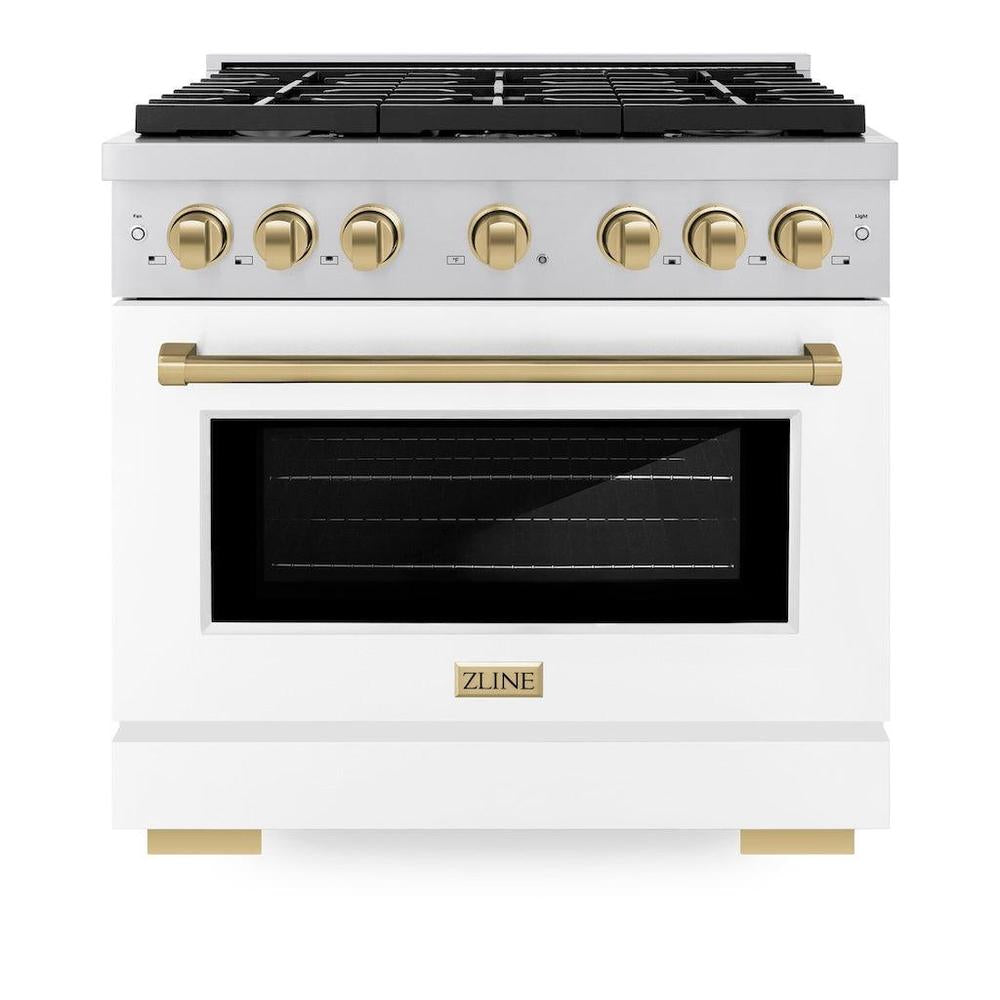Autograph Edition 36 In. 5.2 Cu. Ft. Paramount Gas Range With 6 Burner Cooktop And Convection Gas Oven In Stainless Steel With White Matte Door And Champagne Bronze Accents SGRZWM36CB