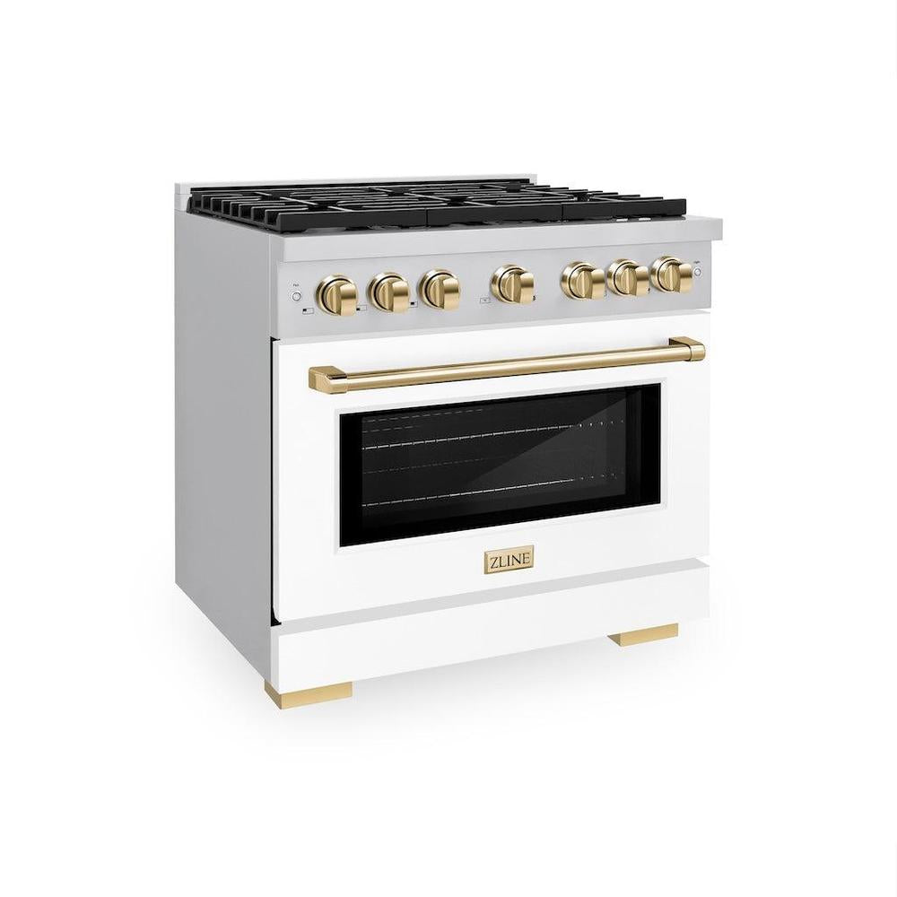AutographEdition 36 in. 5.2 cu. ft. 6 Burner Gas Range with Convection Gas Oven in Stainless Steel with White Matte Door and Polished Gold Accents SGRZWM36G