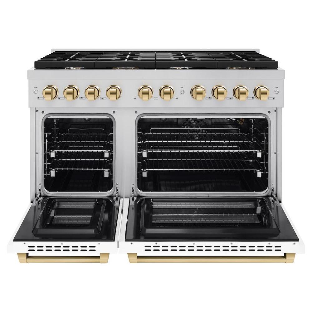 Autograph Edition 48 In. 6.7 Cu. Ft. Paramount Double Oven Gas Range With 8 Burner Cooktop In Stainless Steel With White Matte Doors And Polished Gold Accents SGRZWM48G