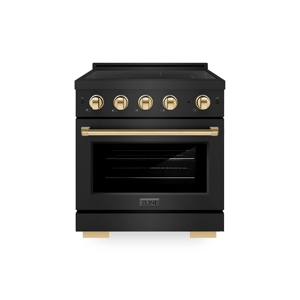 Autograph Edition 30 In. 4.2 Cu. Ft. Paramount Induction Range With 4 Element Cooktop And Electric Convection Oven In Black Stainless Steel With Polished Gold Accents SINRBZ30G