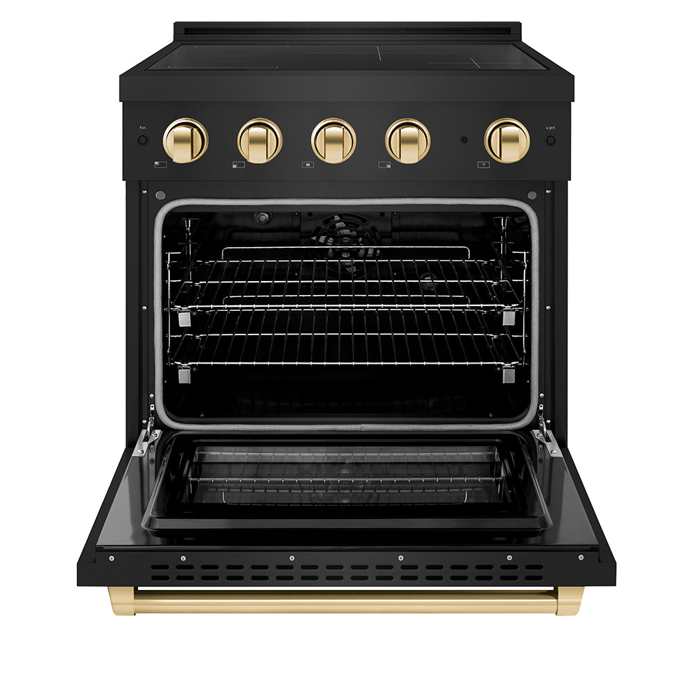 Autograph Edition 30 In. 4.2 Cu. Ft. Paramount Induction Range With 4 Element Cooktop And Electric Convection Oven In Black Stainless Steel With Polished Gold Accents SINRBZ30G