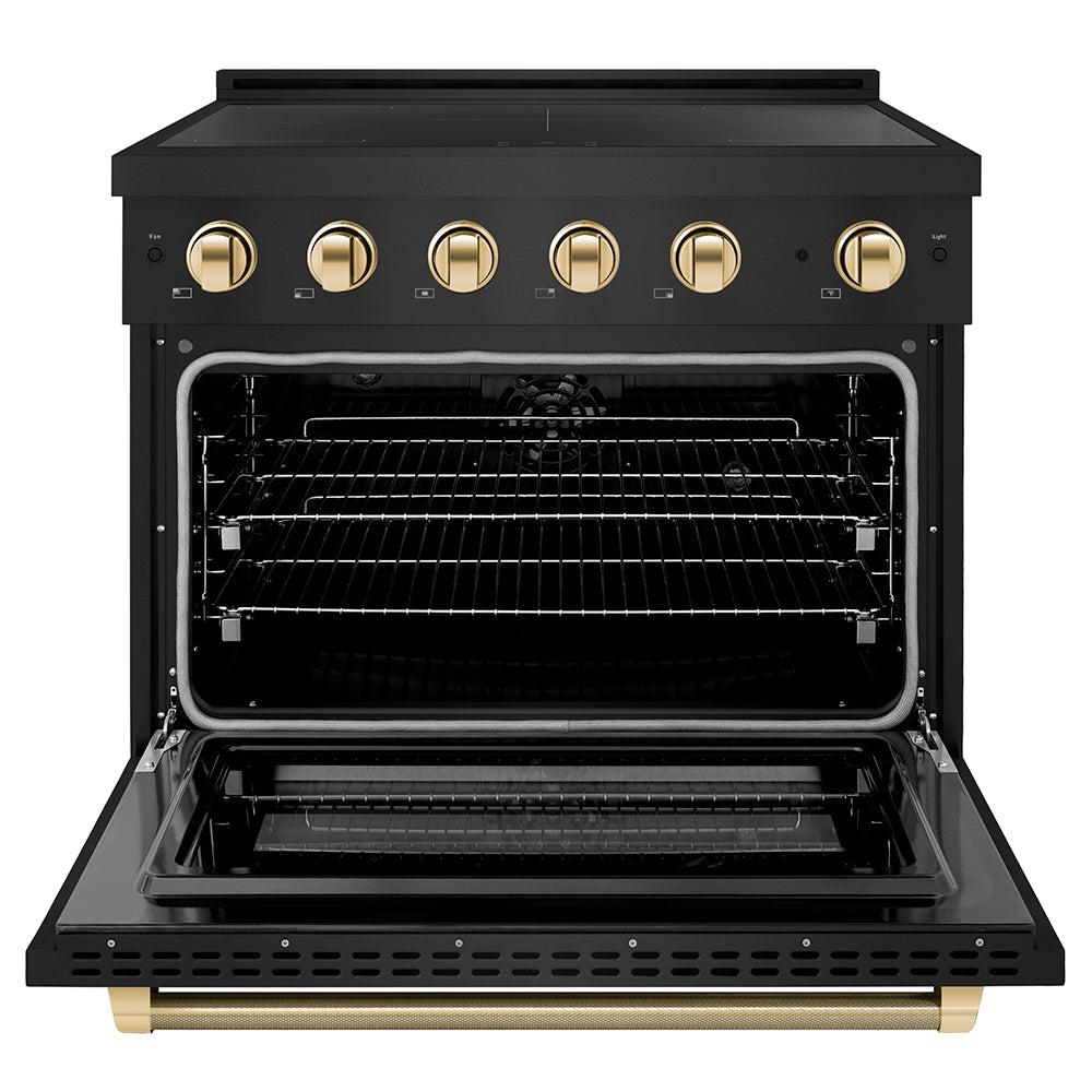 Autograph Edition 36 In. 5.2 Cu. Ft. Paramount Induction Range With 5 Element Cooktop And Electric Convection Oven In Black Stainless Steel With Polished Gold Helix Handle And Knob Accents SINRBZ36KG
