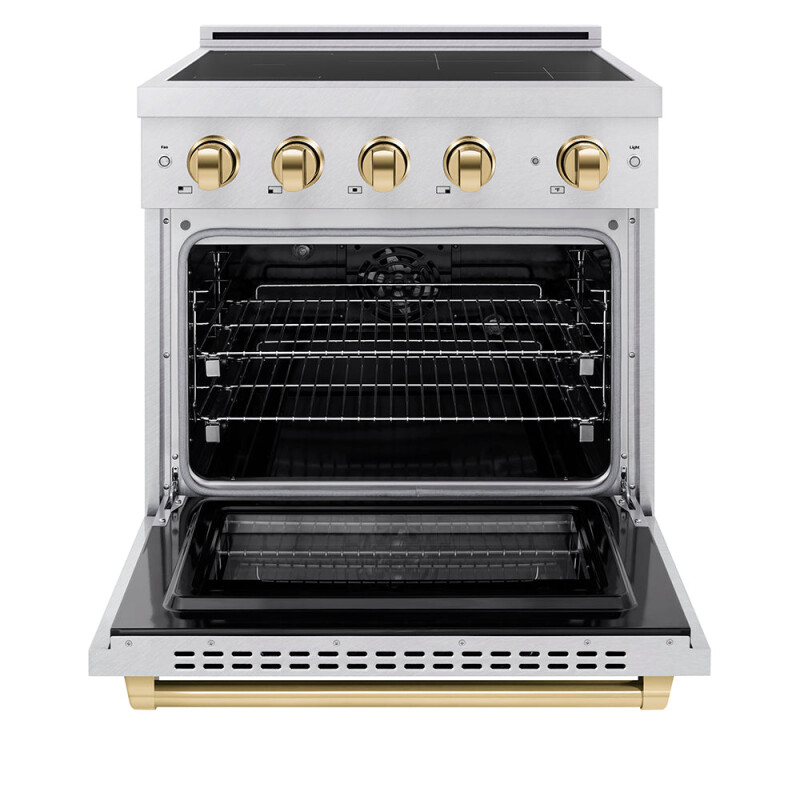 Autograph Edition 30 In. 4.2 Cu. Ft. Paramount Induction Range With 4 Element Cooktop And Electric Convection Oven In Satin Stainless Steel With Polished Gold Accents SINRSZ30G