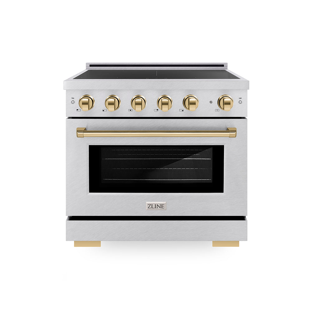 Autograph Edition 36 In. 5.2 Cu. Ft. Paramount Induction Range With 5 Element Cooktop And Electric Convection Oven In Satin Stainless Steel With Polished Gold Accents SINRSZ36G