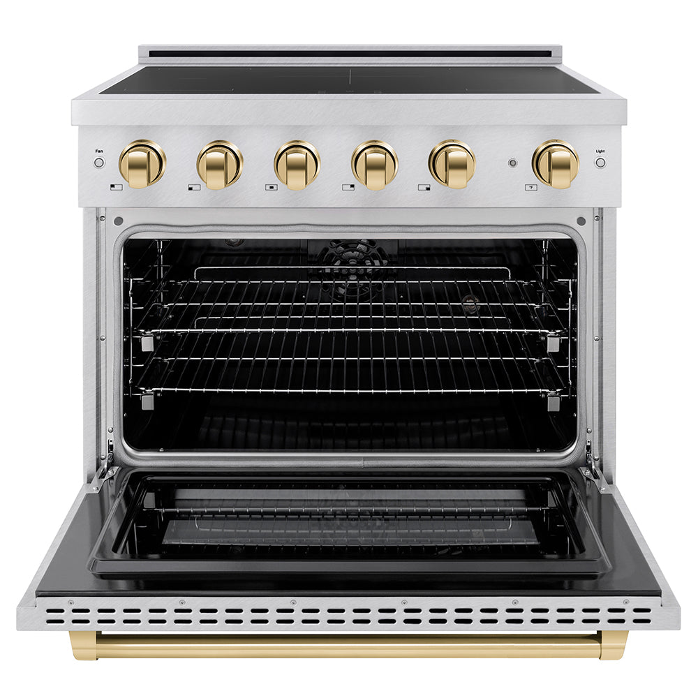 Autograph Edition 36 In. 5.2 Cu. Ft. Paramount Induction Range With 5 Element Cooktop And Electric Convection Oven In Satin Stainless Steel With Polished Gold Accents SINRSZ36G
